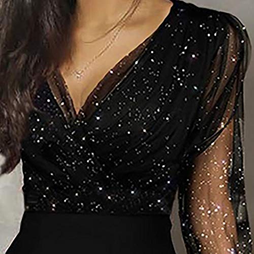 YTZL Mono elegante de manga larga para mujer, para fiestas, cuello en V, sexy, elegante, para bodas, monos de una pieza, monos de encaje, traje de club, ropa ajustada, ropa de fiesta., AAAblack, M