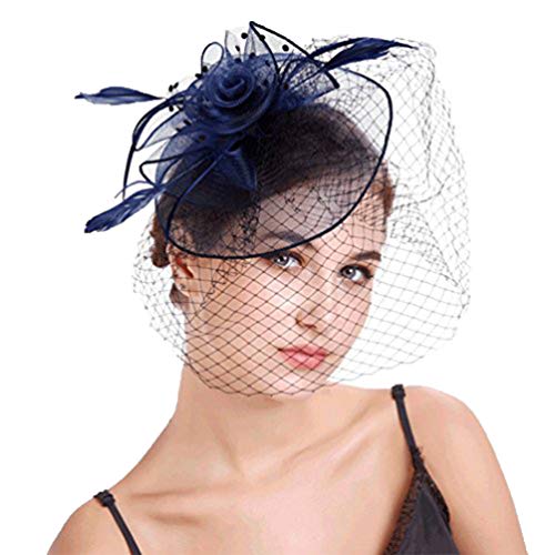 Yujeet Forma Floral Sombreros Y Tocados De Mujer Con Velo De Moda Diadema Transparente Headwear Novia Para La Boda Cocktail Party Azul Marino One Size