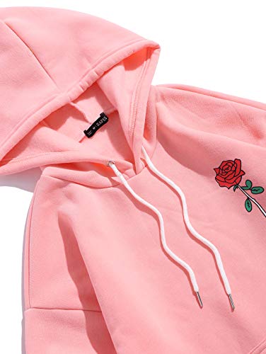 ZAFUL Sudadera con capucha para hombre con diseño de rosas y bolsillo de canguro, con cordón y capucha para conducir a un lado, impresión gráfica de flores, Rosa., M