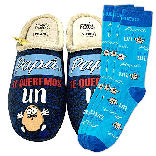 Zapatillas de casa y Trio de Calcetines, Originales y Personalizados. Papa te Queremos un Huevo. 1 calcetin Gratis por el Que se te Pierde