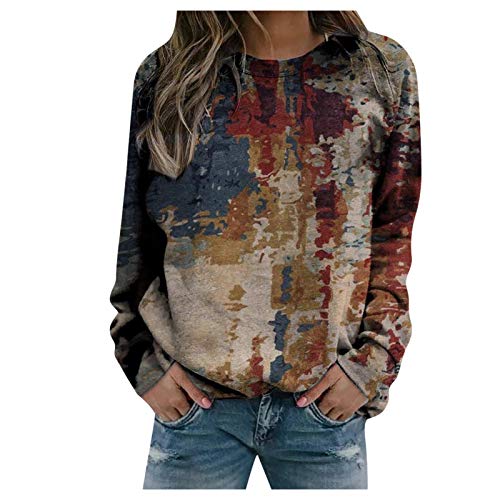 Zilosconcy Sudaderas Sin Capucha Mujer Vintage Jersey Sueter Cuello Redondo Casual Camisa para Mujer Primavera Otoño Paisaje Sudadera cálida Camiseta básica Pullover Blusas Tops