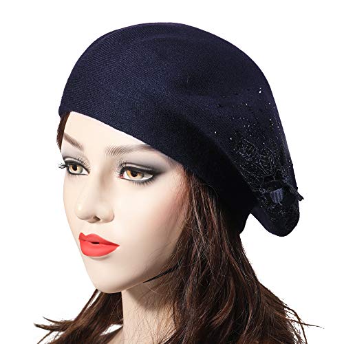 ZLYC Estilo Francés Clásicas Cachemira Boina Gorro para Mujeres (Flor Marina),Talla única