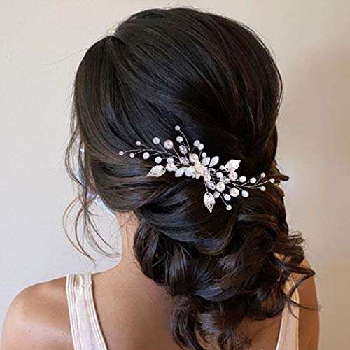 Zoestar flor peinetas para el cabello de boda perla plateada tocado de novia con cuentas accesorios para el cabello para mujeres y niñas