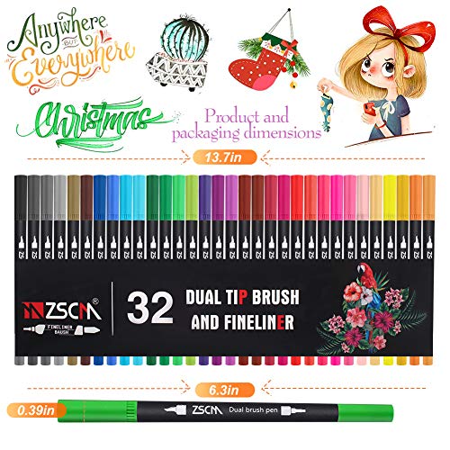 ZSCM 32 Colores Rotuladores de Punta Pincel, con Rotuladores Acuarelables Doble punta fina Fineliner Plumas para Adulto libros de colorear, Bullet Journal, Caligrafía y Dibujos, ilustraciones, bocetos