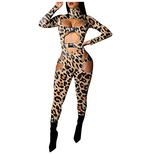 Zukmuk Body para mujer con buckle, mono para mujer, sexy, traje de club, mono de gato, ropa interior, traje de cuerpo entero, aspecto mojado, Patrón de leopardo C., S