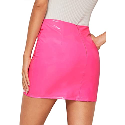 Zukmuk Falda corta de mujer sexy de piel con cremallera de cintura alta falda de tubino de color liso casual a la moda fiesta bar cóctel Discoteca, Rosa, M