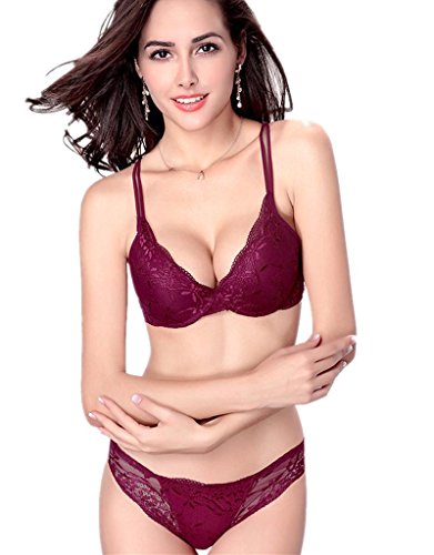 ZUKULIFE Nature Mujer Delgado De Encaje Push Up 3/4 Taza de Sujetador y Bragas Conjuntos - (Vino Rojo ES-95B)