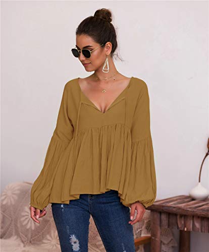 ZWH 2020 Estación separada Ebay Ebay Wish European Otoño e Invierno Manga de Burbujas Superficie Color V-Cuello de la niña Camiseta (Color : Khaki, Size : L)