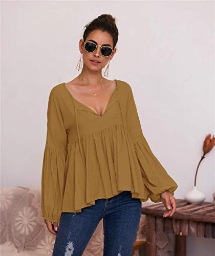 ZWH 2020 Estación separada Ebay Ebay Wish European Otoño e Invierno Manga de Burbujas Superficie Color V-Cuello de la niña Camiseta (Color : Khaki, Size : L)