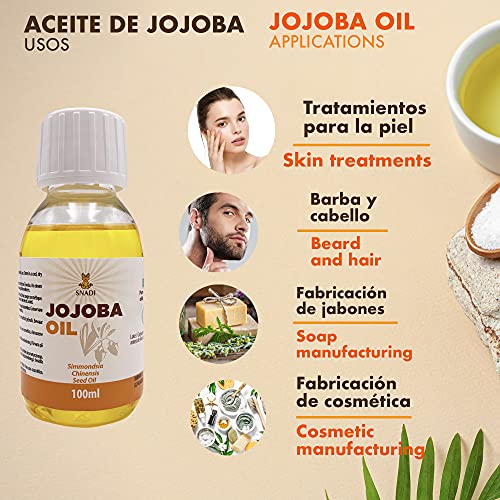 100 ml - Aceite de Jojoba BIO + Prensado en Frío. Aceite jojoba antioxidante, antienvejecimiento. Aceite corporal hidratante. Piel y aceite cabello grasos. Jojoba Oil Puro y Natural.