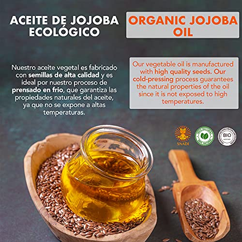 100 ml - Aceite de Jojoba BIO + Prensado en Frío. Aceite jojoba antioxidante, antienvejecimiento. Aceite corporal hidratante. Piel y aceite cabello grasos. Jojoba Oil Puro y Natural.