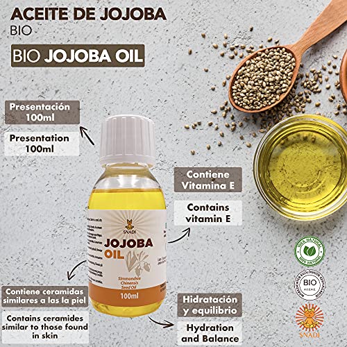 100 ml - Aceite de Jojoba BIO + Prensado en Frío. Aceite jojoba antioxidante, antienvejecimiento. Aceite corporal hidratante. Piel y aceite cabello grasos. Jojoba Oil Puro y Natural.