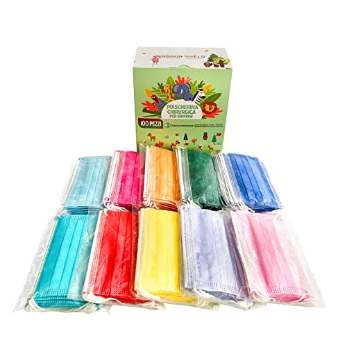 100 Piezas Mascarillas Quirúrgicas Homologadas Niños BFE≥98%, Mascarilla Infantil Colores Made In Italy, Mascarillas Higienicas para Niños Tipo IIR y Certificadas CE con Elásticos Cómodos