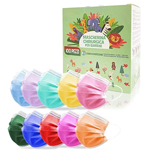 100 Piezas Mascarillas Quirúrgicas Homologadas Niños BFE≥98%, Mascarilla Infantil Colores Made In Italy, Mascarillas Higienicas para Niños Tipo IIR y Certificadas CE con Elásticos Cómodos