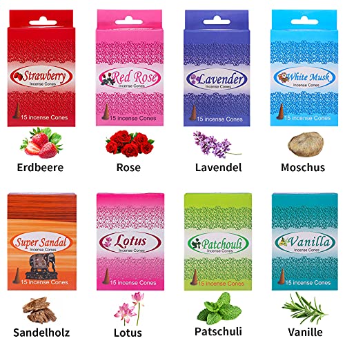 120PCS Cono Natural Natural Incienso Conos con 8 Aromas Naturales Sándalo Vainilla, Lavanda, Rosa, Loto, Fresa,almizcle, pachulí para Desodorizar en Baño y Habitación