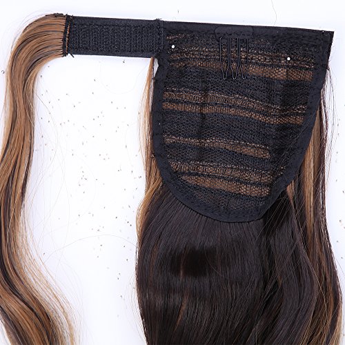 17"(43cm) Coleta Postiza Larga Rizada de Pelo Sintético Se Ve Natural [Castaño Oscuro & Sandy Rubio] Extensiones de Cabello Clip Cola Ponytail Extension Ondulada Pelucas Postizos (90g)