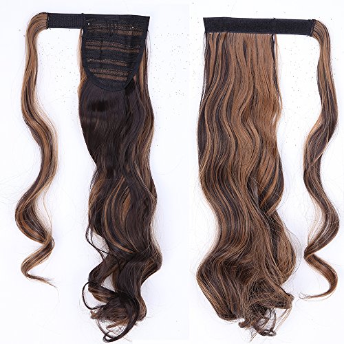 17"(43cm) Coleta Postiza Larga Rizada de Pelo Sintético Se Ve Natural [Castaño Oscuro & Sandy Rubio] Extensiones de Cabello Clip Cola Ponytail Extension Ondulada Pelucas Postizos (90g)