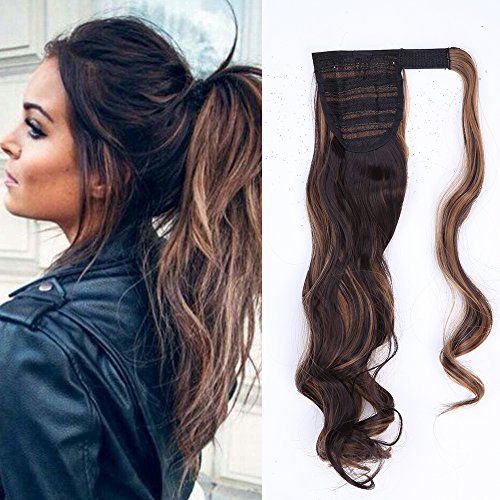 17"(43cm) Coleta Postiza Larga Rizada de Pelo Sintético Se Ve Natural [Castaño Oscuro & Sandy Rubio] Extensiones de Cabello Clip Cola Ponytail Extension Ondulada Pelucas Postizos (90g)