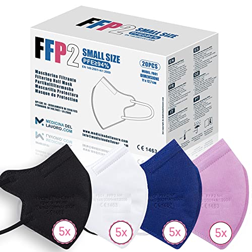 20 Mascarillas FFP2/KN95 Colores Talla Pequeña Small Homologadas Certificación CE sin Válvula de 4 Capas, Máscara Protectora de Polvo, Mascarilla de Protección con Filtros de Calidad BFE≥94, 20 Piezas