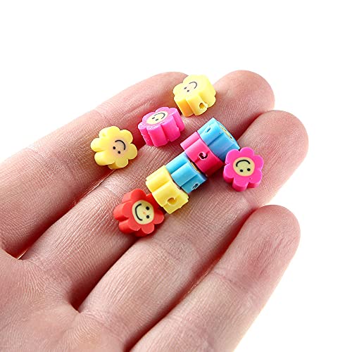 200 Piezas de Cuentas para Pulseras Collar, Cuentas de Arcilla Polimérica Flores Carita Sonriente, Abalorios Coloridas para Hacer Pulseras Collares DIY Joyería (B)