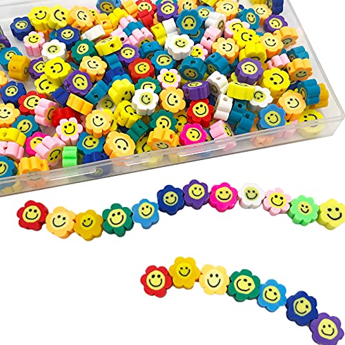 200 Piezas de Cuentas para Pulseras Collar, Cuentas de Arcilla Polimérica Flores Carita Sonriente, Abalorios Coloridas para Hacer Pulseras Collares DIY Joyería (B)