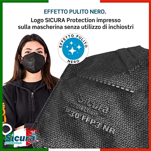 25 mascarillas FFP3 certificadas CE Color Negro Made in Italy logo SICURA en relieve PFE ≥99% BFE ≥99% Mascarilla ffp3 higienizada y sellada individualmente Certificación ISO 13485 y 9001