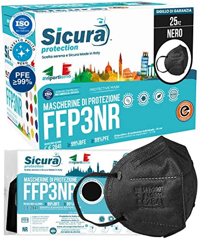 25 mascarillas FFP3 certificadas CE Color Negro Made in Italy logo SICURA en relieve PFE ≥99% BFE ≥99% Mascarilla ffp3 higienizada y sellada individualmente Certificación ISO 13485 y 9001