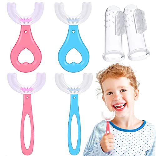 4 Pièces Cepillo Dientes Infantil En Forma U, 360°Cepillo Dientes Infantil, Redondeados Forma U Forma Cepillo Dientes, Con 2 Cepillo Dientes Para Dedos, para Niños De 2 A 6 Años