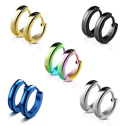 5 Pares 13mm Acero Inoxidable Pendientes pour Hombre Mujer Niña, Pendientes Aros Plata, Pendientes Hombres Negro Oro, Pendientes Mujer Plata, Joyería Pendientes de Aro Tous Pequeños Redondo Titanio