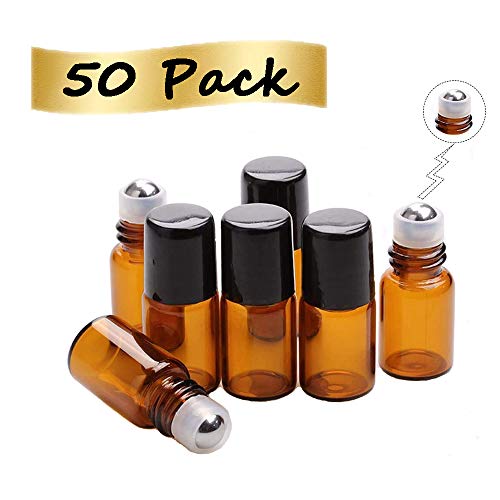 50 Pack Botella de Rodillo de Vidrio Ámbar 2ml Roll on Frascos de vidrio,Mini Botellas Vidrio Aceite Marrón para Aceites Esenciales,Muestras Perfume, Aromaterapia