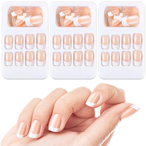 72 Piezas Uñas Postizas Francesas 12 Tamaños Diferentes Puntas de Uñas Falsas de Acrílico Completamente Cubierta con Limas de Uñas, Palillos y Almohadillas de Algodón, Color Desnudo