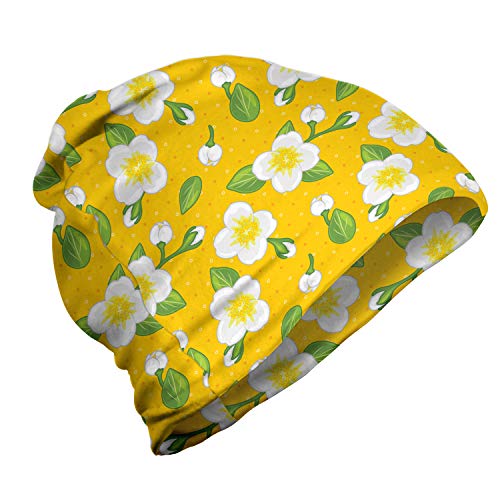 ABAKUHAUS Jazmín Gorro Unisex, Flores Brotes Hojas en Puntos, Tela Suave 100% Microfibra Estampada Ideal para Actividades al Aire Libre, Tierra Verde Amarillo