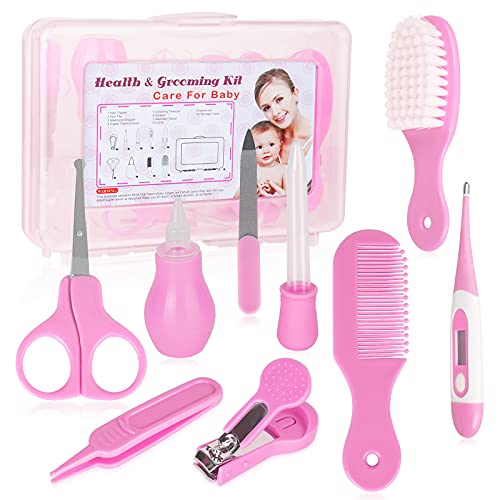 Accesorios Bebe Recien Nacido Set para Cuidado del Bebé, 9 Piezas Kit de Aseo para Bebés, Kit Cuidado Higiénico Personal para el Hogar y de Viaje, Ideal para Recién Nacido, Niña y Niño(rosado)