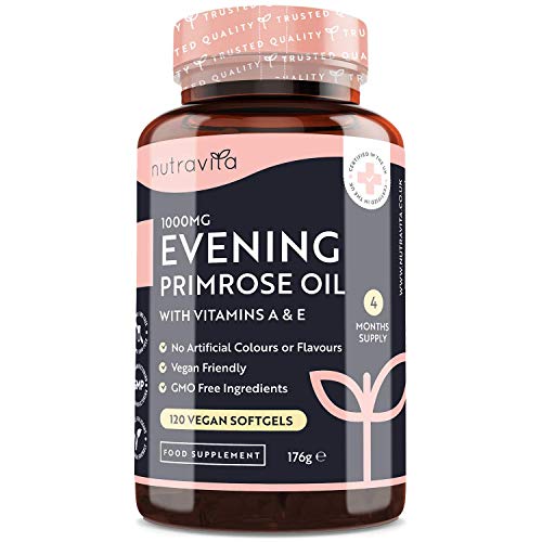 Aceite de Onagra Vegana con Vitamina A & E - 120Cápsulas veganas Blandas Veganas de Alta Resistencia - Rica Fuente de Omega 6 y GLA - Con Vitamina A y E - Mantenimiento de la Piel Normal - Nutravita