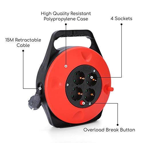 Aigostar 177447 - Cable de alimentación de bobina de cable enrollable de 15 metros con 4 tomas de corriente, cable retráctil de alta resistencia, disyuntor de 16A y materiales anti-inflamables