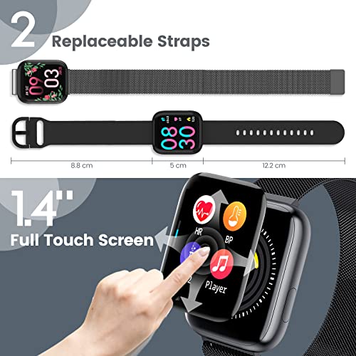 AIMIUVEI Smartwatch, Reloj Inteligente Hombre con 1.4 Inch Táctil Completa con Pulsómetro, Presión Arterial, Notificaciones Inteligentes, Podómetro, Reloj inteligente IP67 para Android iOS Negro