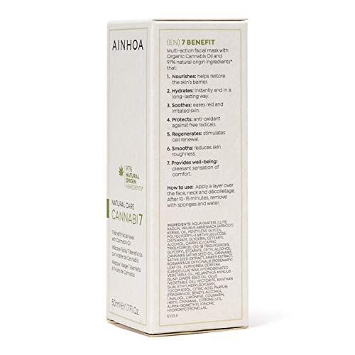 AINHOA Cosmetics – CANNABI7 Máscara Facial 7 Beneficios con Aceite de Cannabis 50 ml/4-6 usos - Mascarilla Hidratante/Purificante con Cáñamo - Cosmética Natural/Vegana - Calidad Profesional