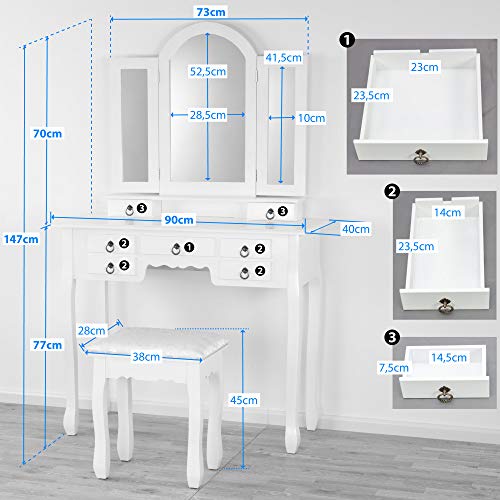 Albatros Tocador Zara, Blanco, con Taburete, Espejo Giratorio, Nuevo Modelo con 7 cajones, Mesa tocador de Maquillaje