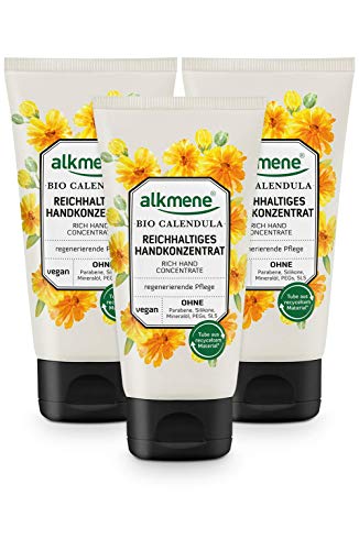 alkmene crema de manos concentrada en caléndula orgánica - crema para manos secas y agrietadas - crema vegana sin siliconas, parabenos, aceite mineral, PEGs, SLS y SLES (3x 75 ml)