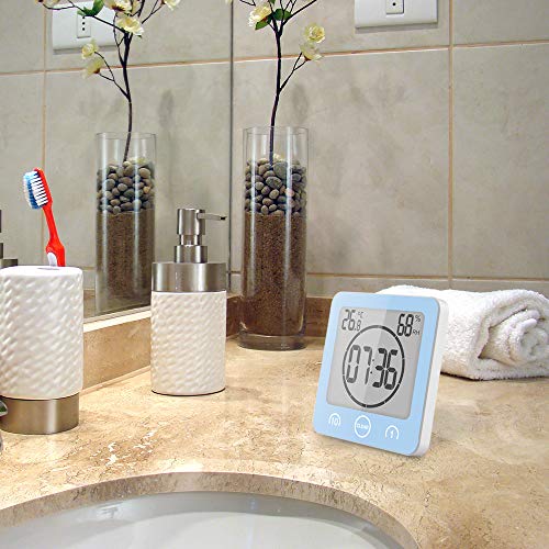 ALLOMN Reloj de Baño, LCD Reloj de Ducha Digital Alarma Impermeable Control Táctil Hum / ℉ Temperatura Humedad, Temporizador de Cuenta Regresiva, 3 Métodos de Montaje, Energía de la Batería (Azul)