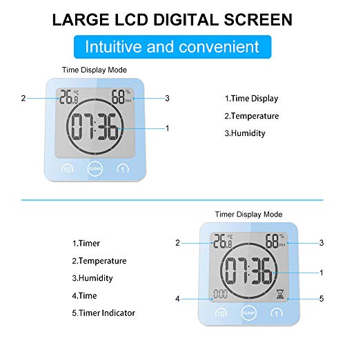 ALLOMN Reloj de Baño, LCD Reloj de Ducha Digital Alarma Impermeable Control Táctil Hum / ℉ Temperatura Humedad, Temporizador de Cuenta Regresiva, 3 Métodos de Montaje, Energía de la Batería (Azul)