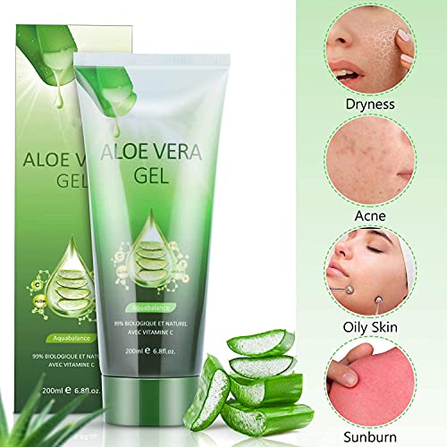 Aloe Vera Puro(Vitamina C, E) - 99% Planta Pura Hidratante Profundamente ＆ Reparador, After Sun Care, Hidratación de Piel Seca, Acné, Adecuado para Rostro, Cuerpo, Cabello, 200ml / 6.8 fl oz