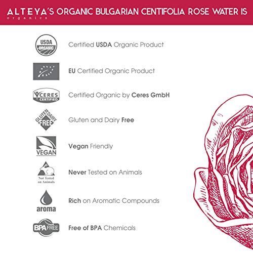 Alteya Organic Centifolia Rose Water Spray botella de vidrio de 120 ml - 100% orgánico certificado USDA auténtico puro rosa Centifolia flor vapor-destilada