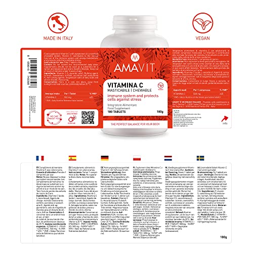 AMAVIT Vitamina C Masticable 1000mg para 2 Tabletas [6 Meses de Suministro] VEGAN Ácido Ascórbico para el Sistema Inmunológico | Vitaminas para el Cansancio | Sin Gluten ni Lactosa, 180 Tabletas