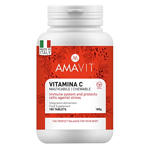 AMAVIT Vitamina C Masticable 1000mg para 2 Tabletas [6 Meses de Suministro] VEGAN Ácido Ascórbico para el Sistema Inmunológico | Vitaminas para el Cansancio | Sin Gluten ni Lactosa, 180 Tabletas