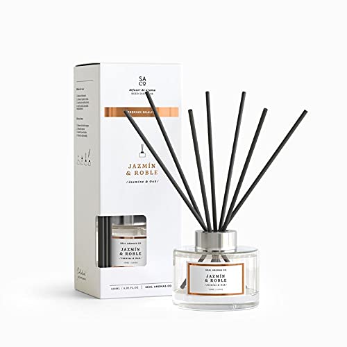 Ambientair. Difusor de Varillas perfumadas.120ml. Regalos. Máxima duración, más de 16 semanas. con 6 Palitos de Fibra , para casa, Oficina, baño (Jazmín & Roble)