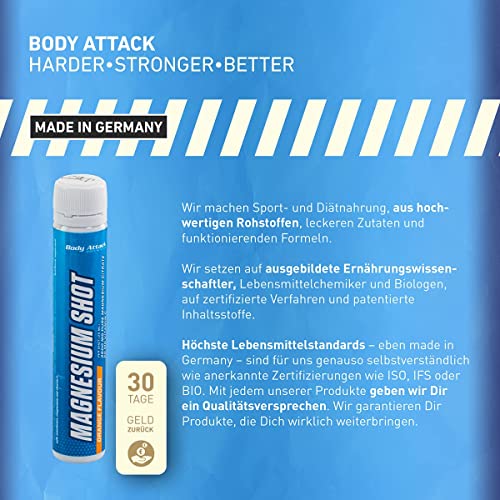 Ampollas Body Attack Magnesium Shot, magnesio líquido (2600mg de citrato de magnesio puro) listo para beber con 20mg de vitamina C (20 ampollas por 25ml), vegano, Made in Germany