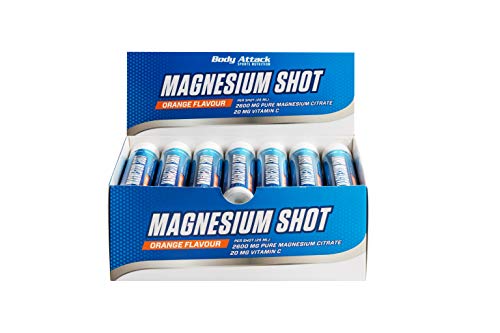 Ampollas Body Attack Magnesium Shot, magnesio líquido (2600mg de citrato de magnesio puro) listo para beber con 20mg de vitamina C (20 ampollas por 25ml), vegano, Made in Germany