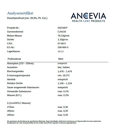 ANCEVIA® DMSO 500 ml – 99,9 % de pureza Ph. euro – dimetilsulfóxido – pureza farmacéutica – en botella de cristal marrón