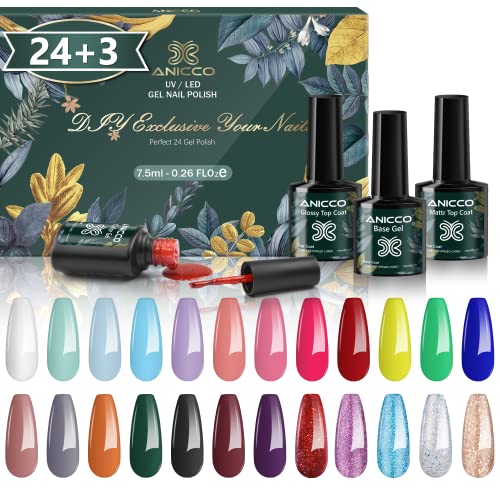 Anicco 27pcs Kit de Esmaltes de Uñas Gel UV LED, Pintauñas Semipermanente 24 Colores Purpurina Arcoíris Colección con Base, Capa Superior Brillante y Mate